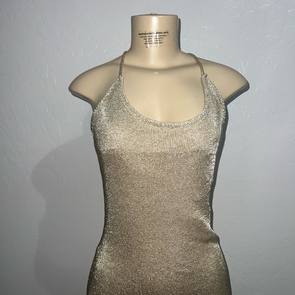 Gold Woven Midi Spaghetti Strap Dress size Large - Picture 2 of 4